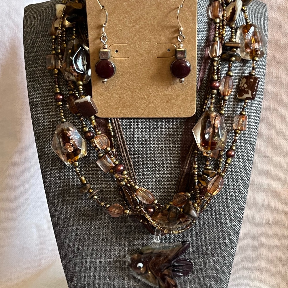 Elegant Brown Beaded Double Necklace and Earring Set with Murano Glass Fish Pend